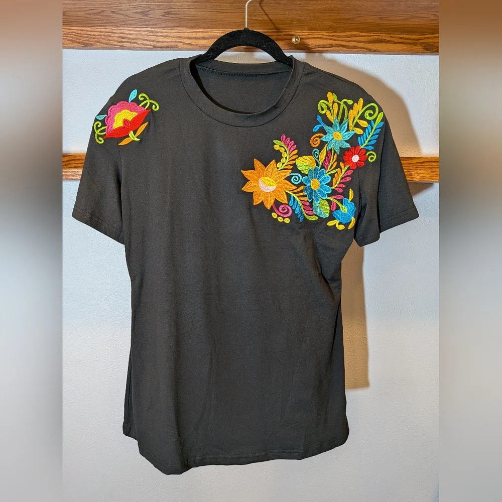Women's Black Tee with Colorful Floral Embroidery - Picture 1 of 4